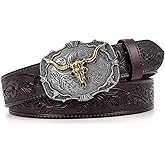 SANSTHS Cowboy Belts for Men Women Western Buckle Belt Cowboy Cowgirl Embossed Leather Belt for Jeans Christmas Gifts Belt