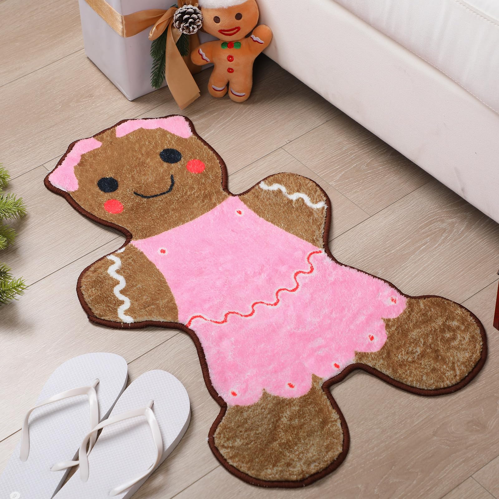 Photo 1 of Dunzy Pink Christmas Tufted Gingerbread Bath Rugs 29.53 x 15.75 Inch Nonslip Bathroom Welcome Mat House Doormat Cute Soft Absorbent Bathtub Rug for Xmas Kitchen Door Decorations
