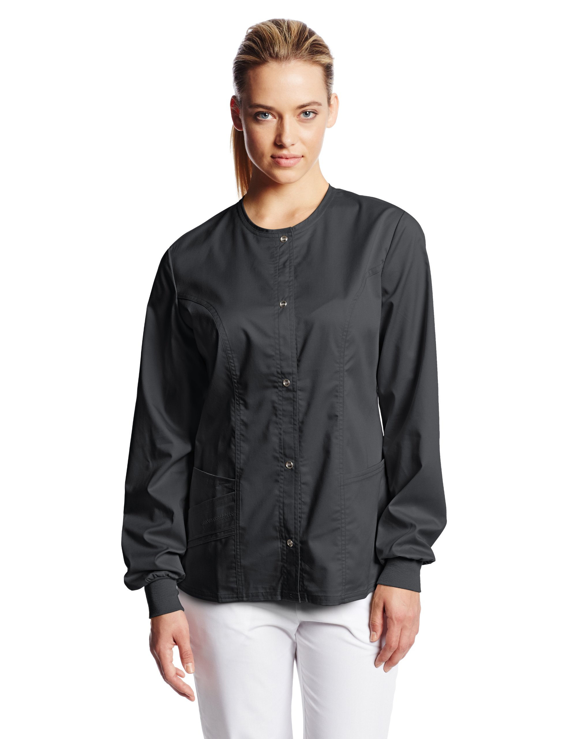 Cherokee Women's Scrubs Luxe Snap Front Warm Up Jacket, Black, XXLarge