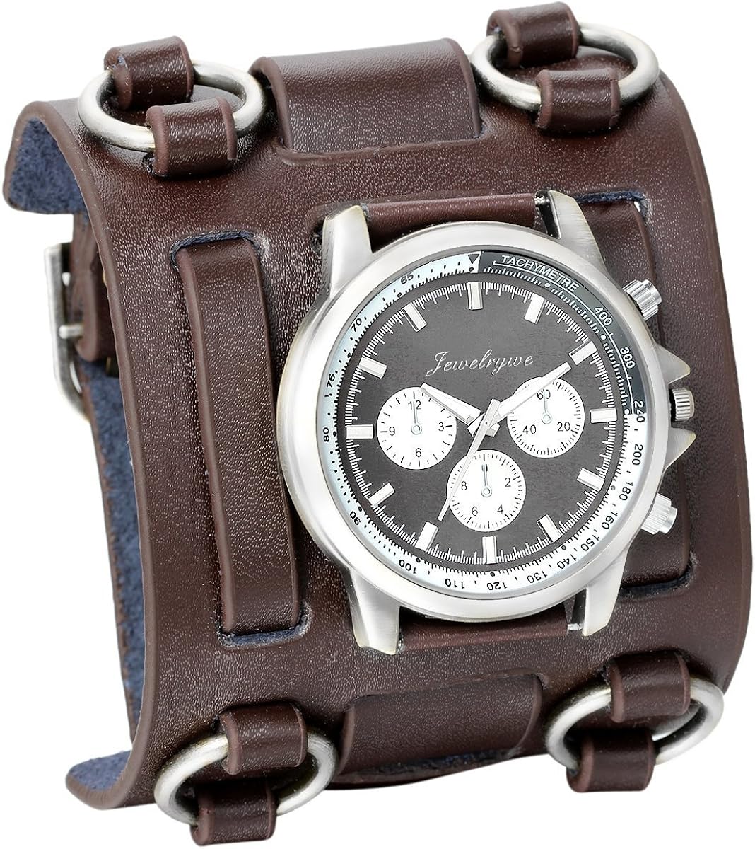 JewelryWe Hip-hop Gothic Leathernk Style Mens Wrist Watch 74MM Wide Brown Leather Cuff Watches, Fathers Day Present