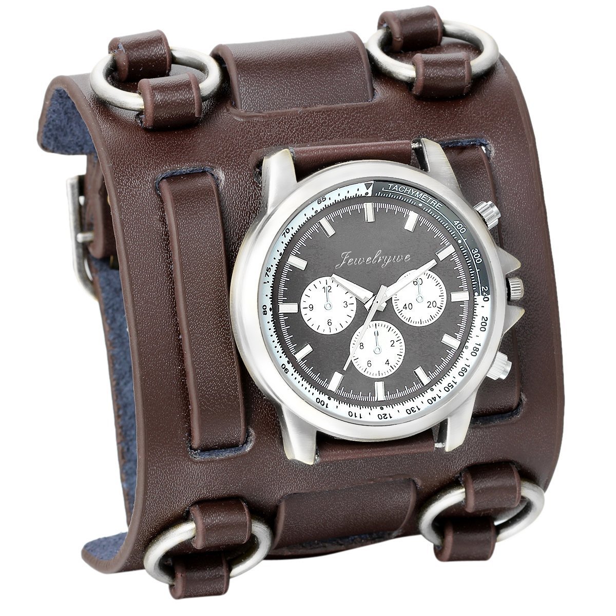 JewelryWe Hip-hop Gothic Leathernk Style Mens Wrist Watch 74MM Wide Brown Leather Cuff Watches, Fathers Day Present — image 1