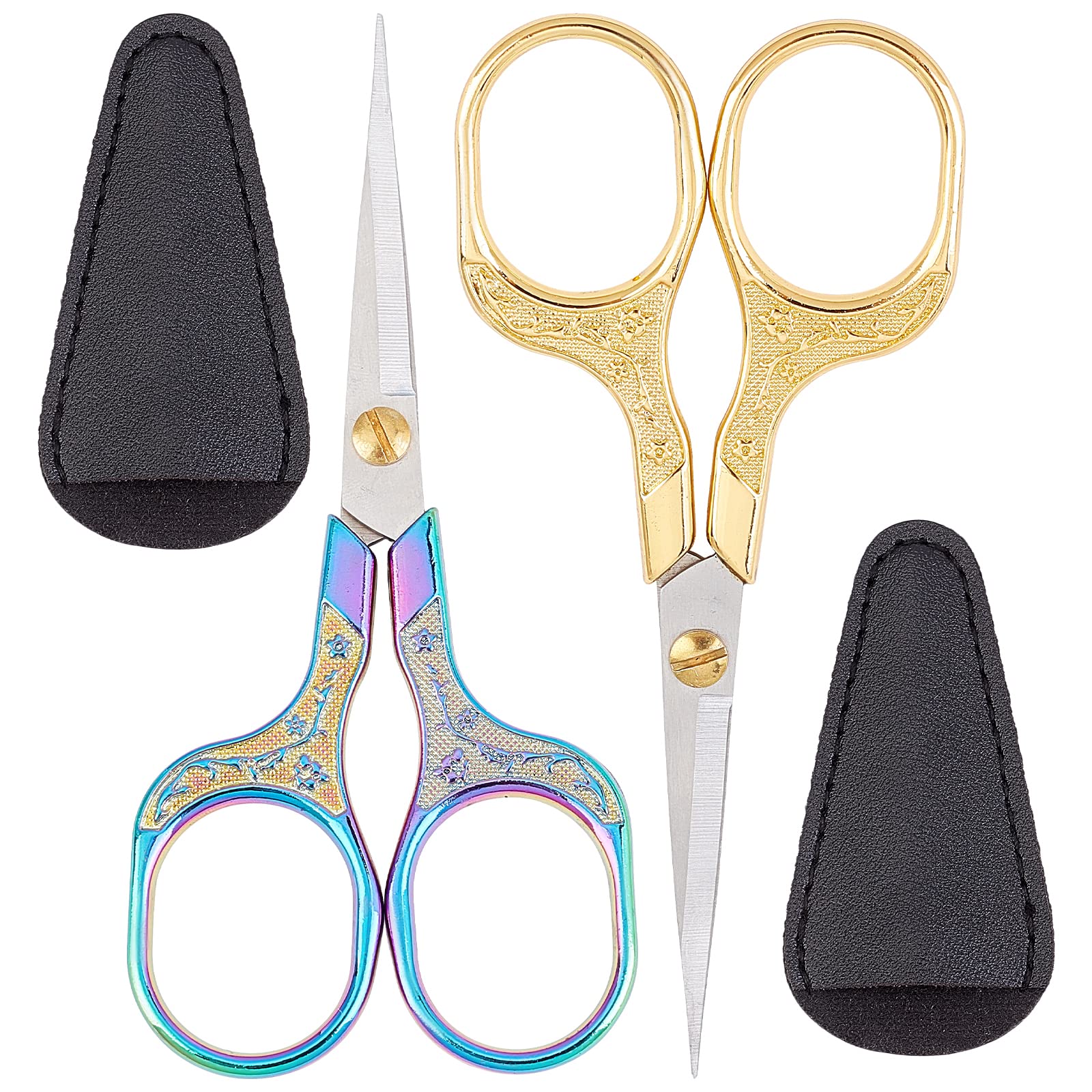 SUNNYCLUE 2Pcs 5 Inch Stainless Steel Embroidery Sewing Scissor Retro-Style Needlework Sewing Scissor with 2Pcs Protective Scissors Cover for Fabric Paper Cutting Craft Threading Use