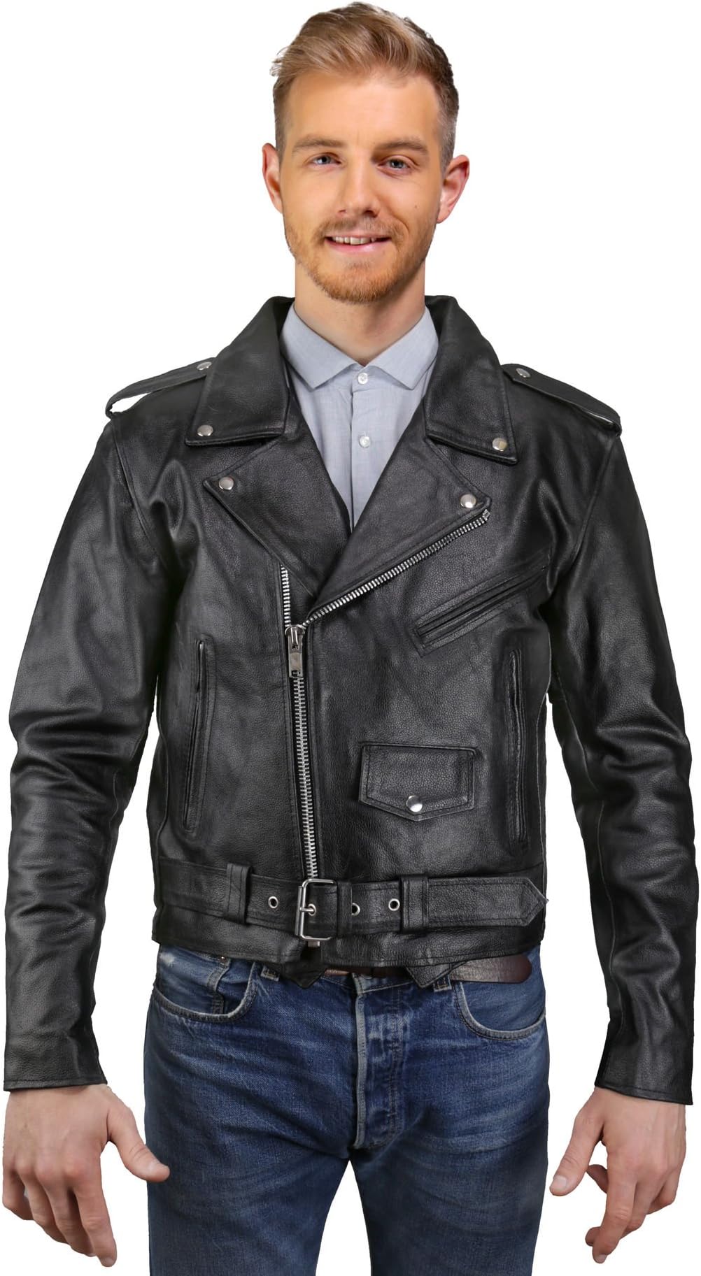 Mens Leather Motorcycle Jacket, Cowhide Leather Biker Jacket, Pockets Inside & Outside, Genuine Leather (Black, 56)