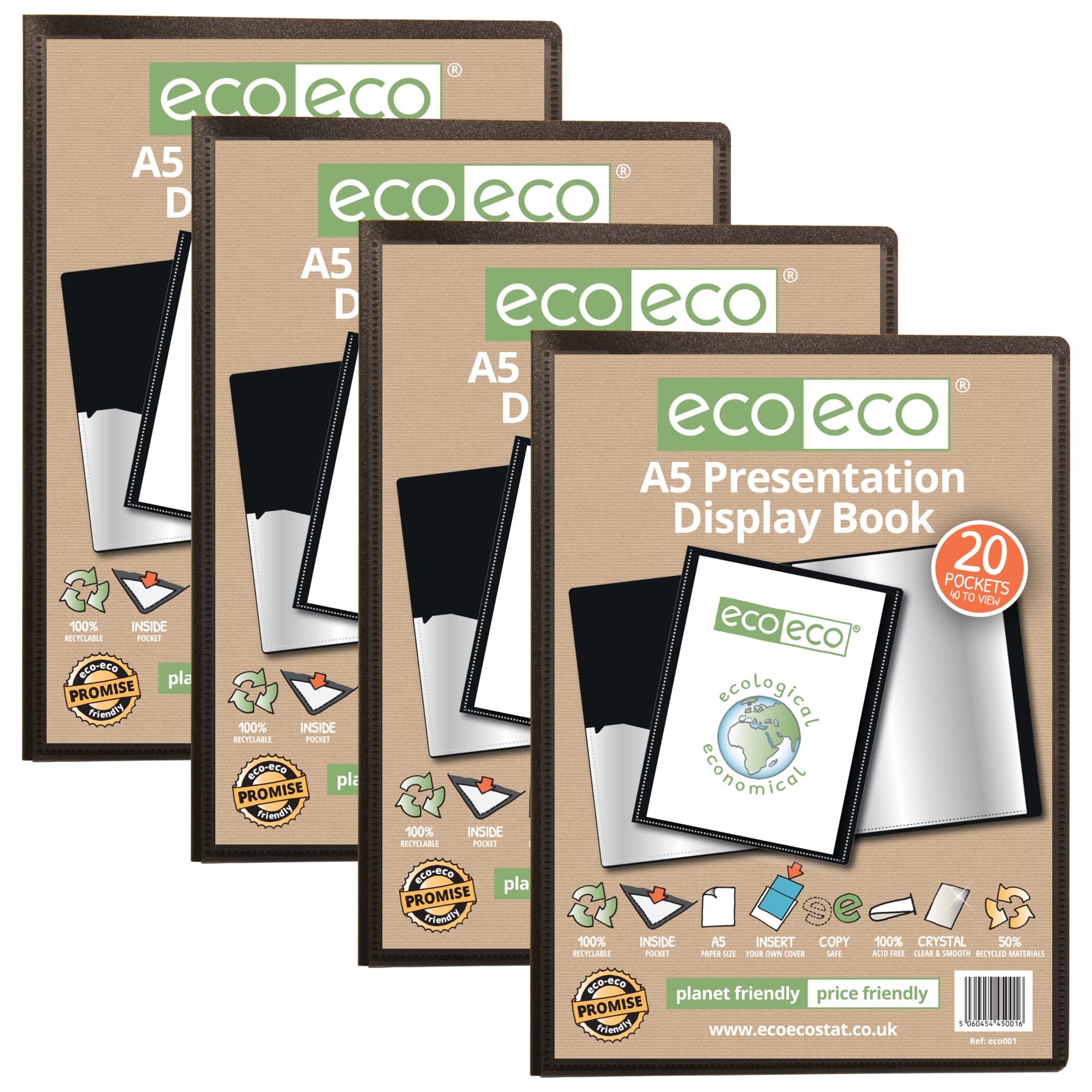 eco-eco A5 Size 50% Recycled 20 Pocket Black Presentation Display Book, Storage Case Portfolio Art Folder with Plastic Sleeves, eco001x4, (Pack of 4 Books)