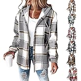 Plaid Jacket for Woman Casual Button Down Long Flannel Jacket with Hood Cute Fall Shacket Checkered Casual Outerwear