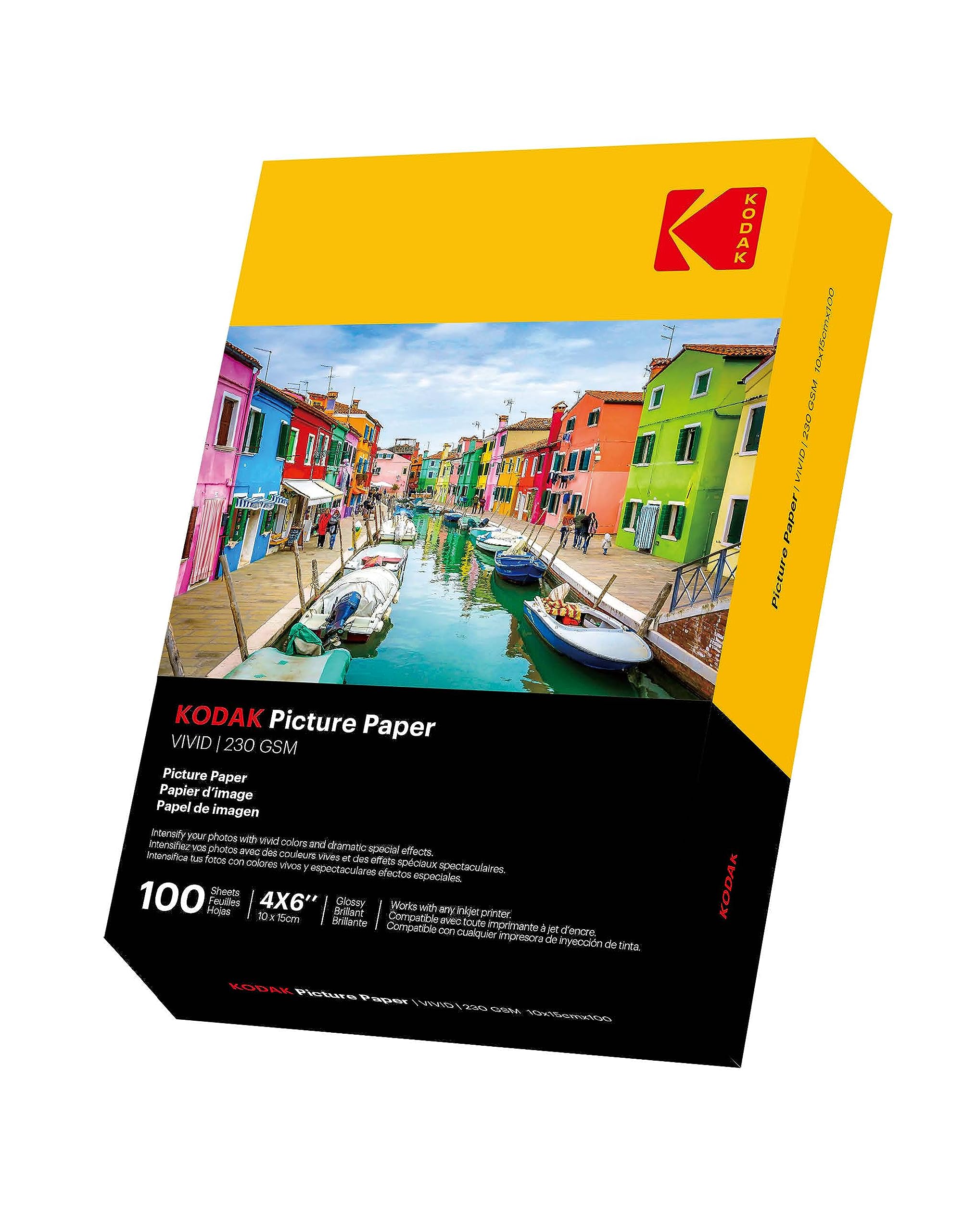 KODAK 4x6 inch Vivid Photo Paper 100 Pack Weight 66lb-230gsm Thickness 11.9mm Vivid Color Imaging Paper This product is NOT compatible with KODAK DOCK printers**"
