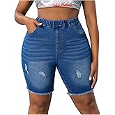 BEAUDRM Women's Plus Size Ripped Denim Shorts Distressed High Waisted Stretchy Midi Bermuda Denim Jeans Shorts