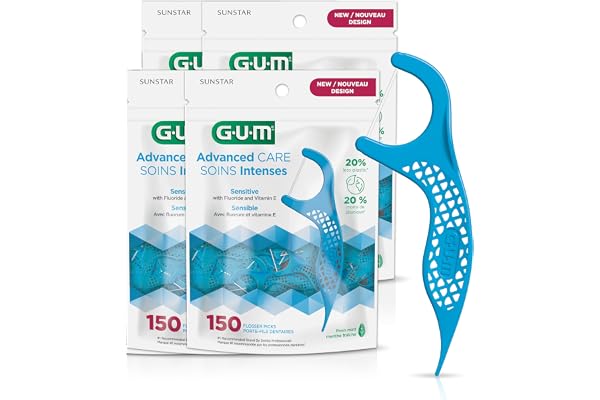 GUM - 888DF Advanced Care Flossers, Fresh Mint Dental String Floss Picks, Vitamin E & Fluoride, 600 Count