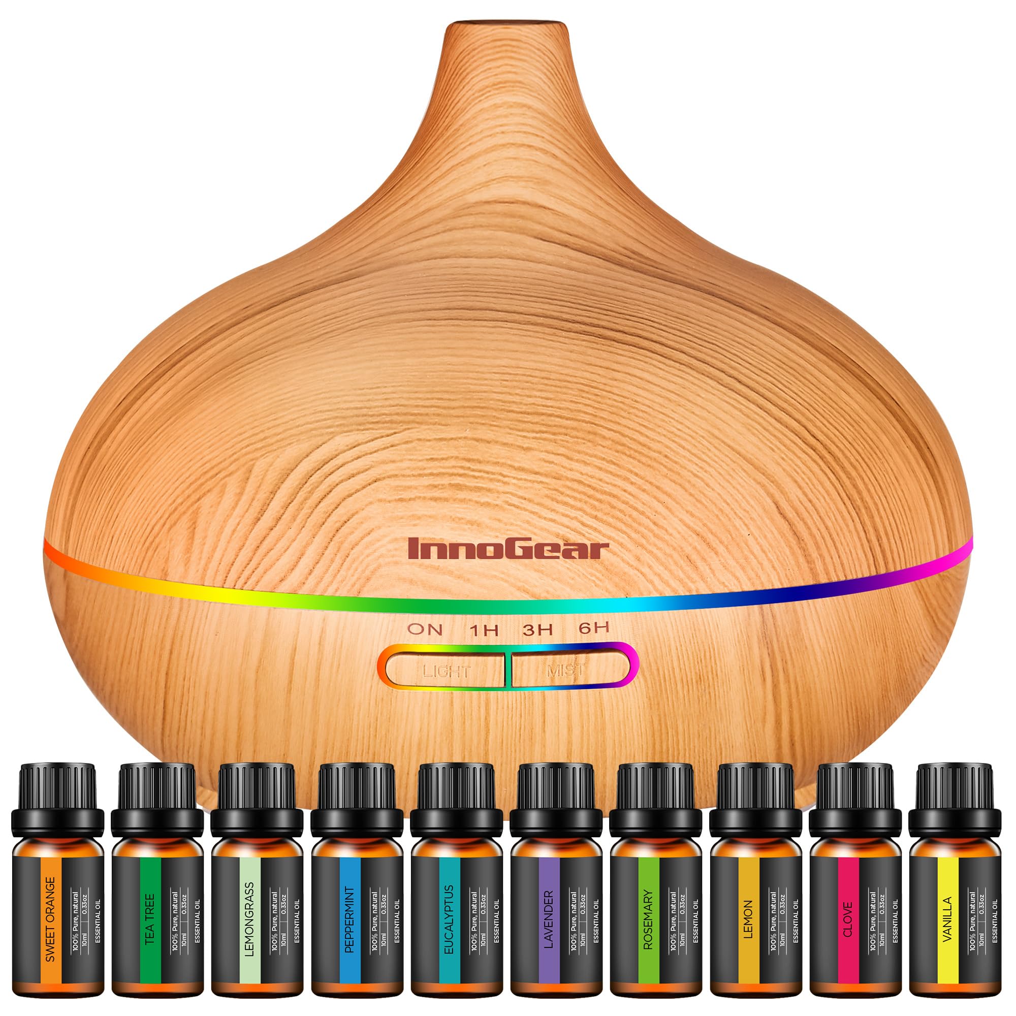 Photo 1 of InnoGear Aromatherapy Diffuser & 10 Essential Oils Set, 400ml Diffuser Ultrasonic Diffuser Cool Mist Humidifier with 4 Timers 7 Colors Light Waterless Auto Off for Large Room Office, Yellow Wood Grain