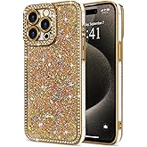 Lafunda for iPhone 15 Pro Case Glitter, Luxury Shiny Bling Sparkly Bumper Cover with Crystal Diamonds for Women Girls Soft TPU Slim Shockproof Protective Phone Case for iPhone 15 Pro 6.1", Gold