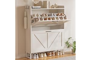 EOYUTLLY Shoe Cabinet for Entryway with 2 Flip Drawers,Narrow Wooden Shoe Storage Cabinet with Metal Legs,Hold 24 Pairs, 4-Tier Adjustable Shelves–Freestanding Hidden Shoe Organizer for Hallway, Foyer