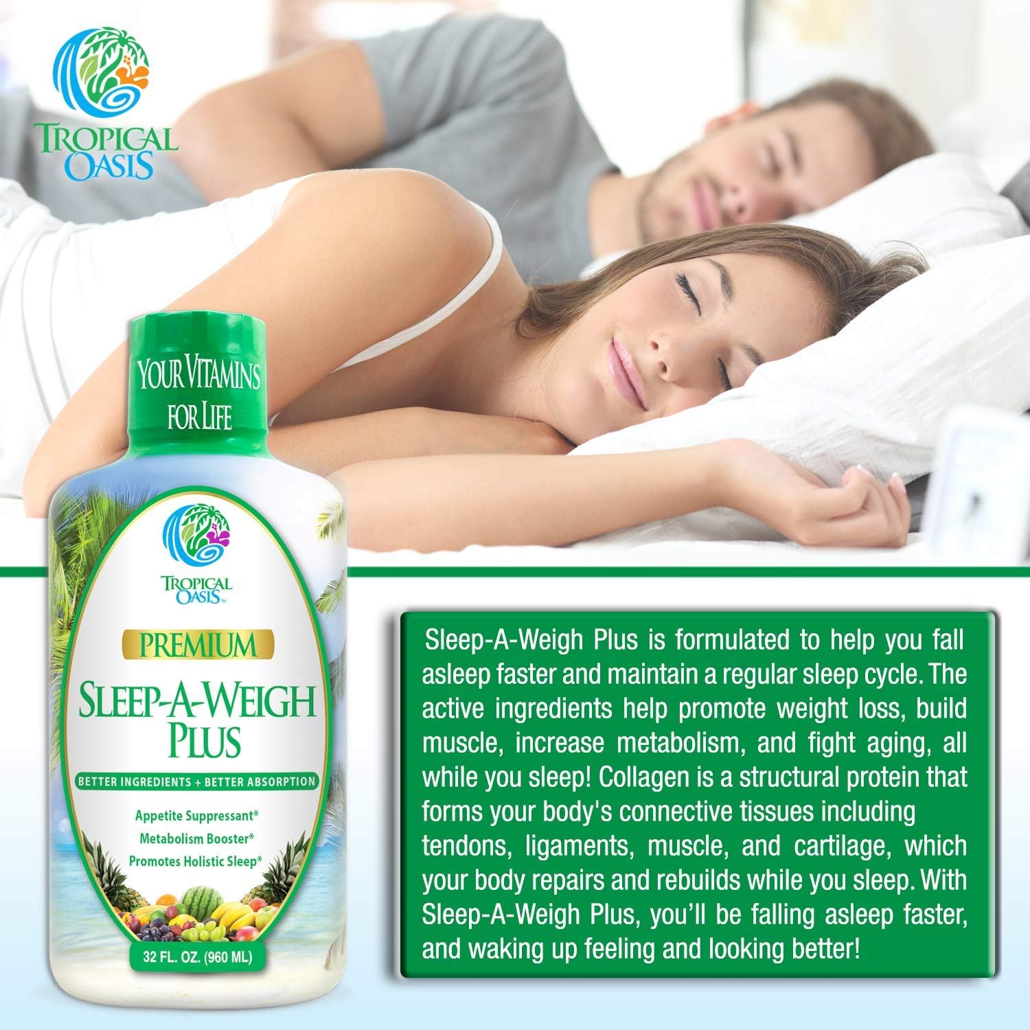 Sleep-A-Weigh Plus | Liquid Sleep Multimineral | Natural Sleep, Stress & Weight Loss Aid | w/Collagen, L-Carnitine, L-Lysine, Tonalin CLA, Apple Cider Vinegar, 5-HTP, Vitamins | Non-GMO | 32 Serv: Tropical Oasis: Health & Personal Care