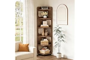 LITTLE TREE 6-Tier Corner Bookshelf, 71-Inch Tall Corner Shelf, L-Shaped Rustic Bookshelf with Square Rack, Narrow Display Co