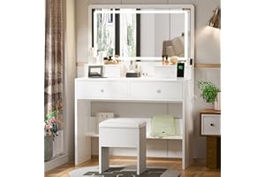 Haewon Makeup Vanity Desk with Mirror, Lights and Charging Station, White Vanity with 3 Lighting Modes, Dressing Table Set with 4 Drawers and Storage Chair for Bedroom