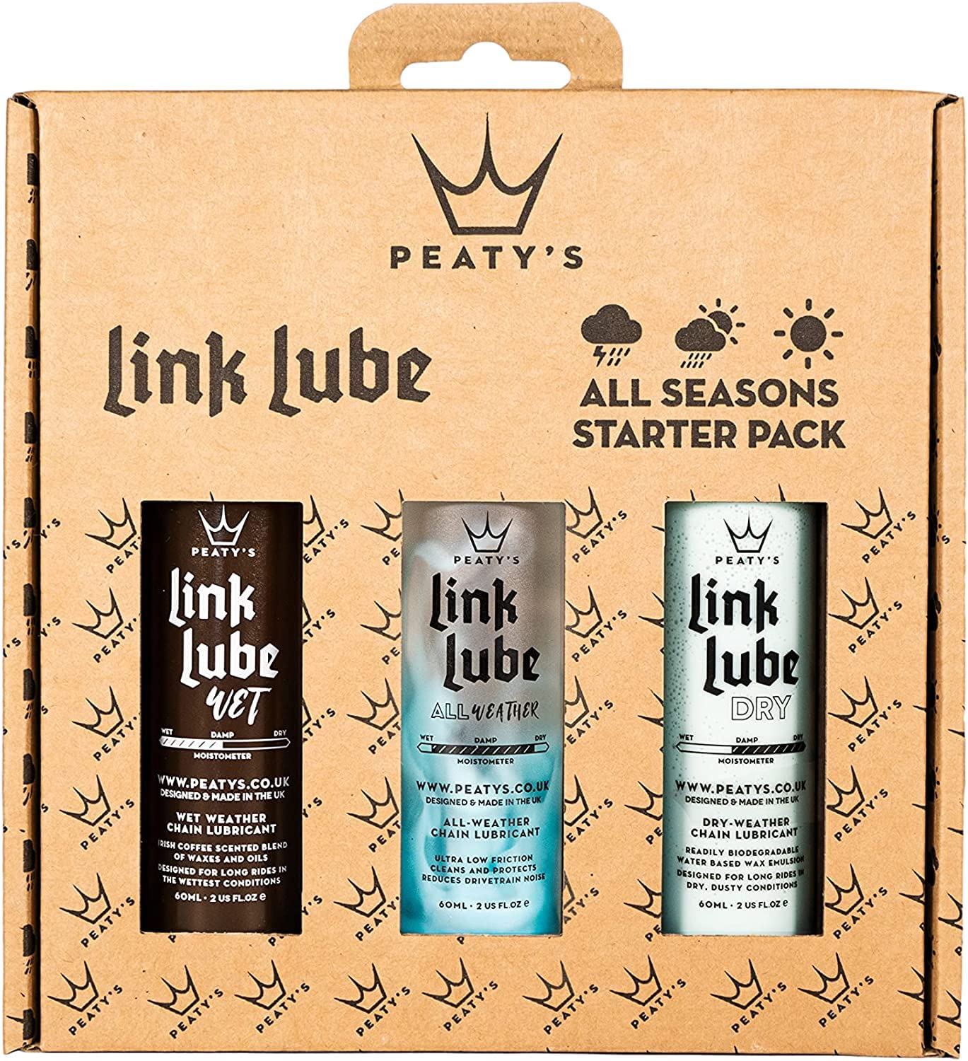 Peaty's LinkLube All-Seasons Bike Chain Lube Starter Pack - Includes 3 x 60ml Wet & Dry Lube, 60ml All-Weather Bicycle Lubricant - Readily Biodegradable Bike Chain Oil for MTB, Road, E-Bikes