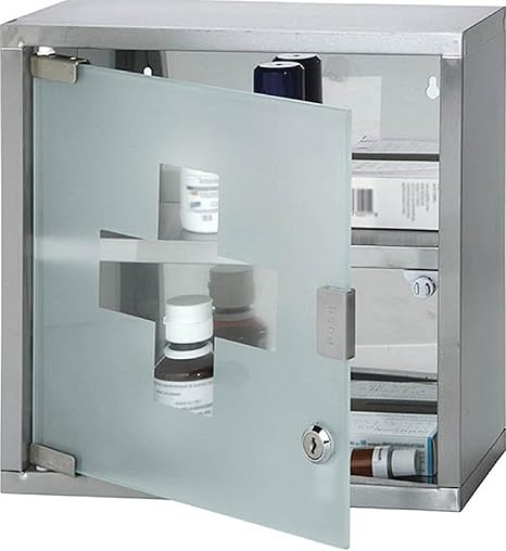 Medicine Cabinet 2 Shelves Lock Key Stainless Steel With Glass Door 30x12x30cm Amazon Co Uk Kitchen Home