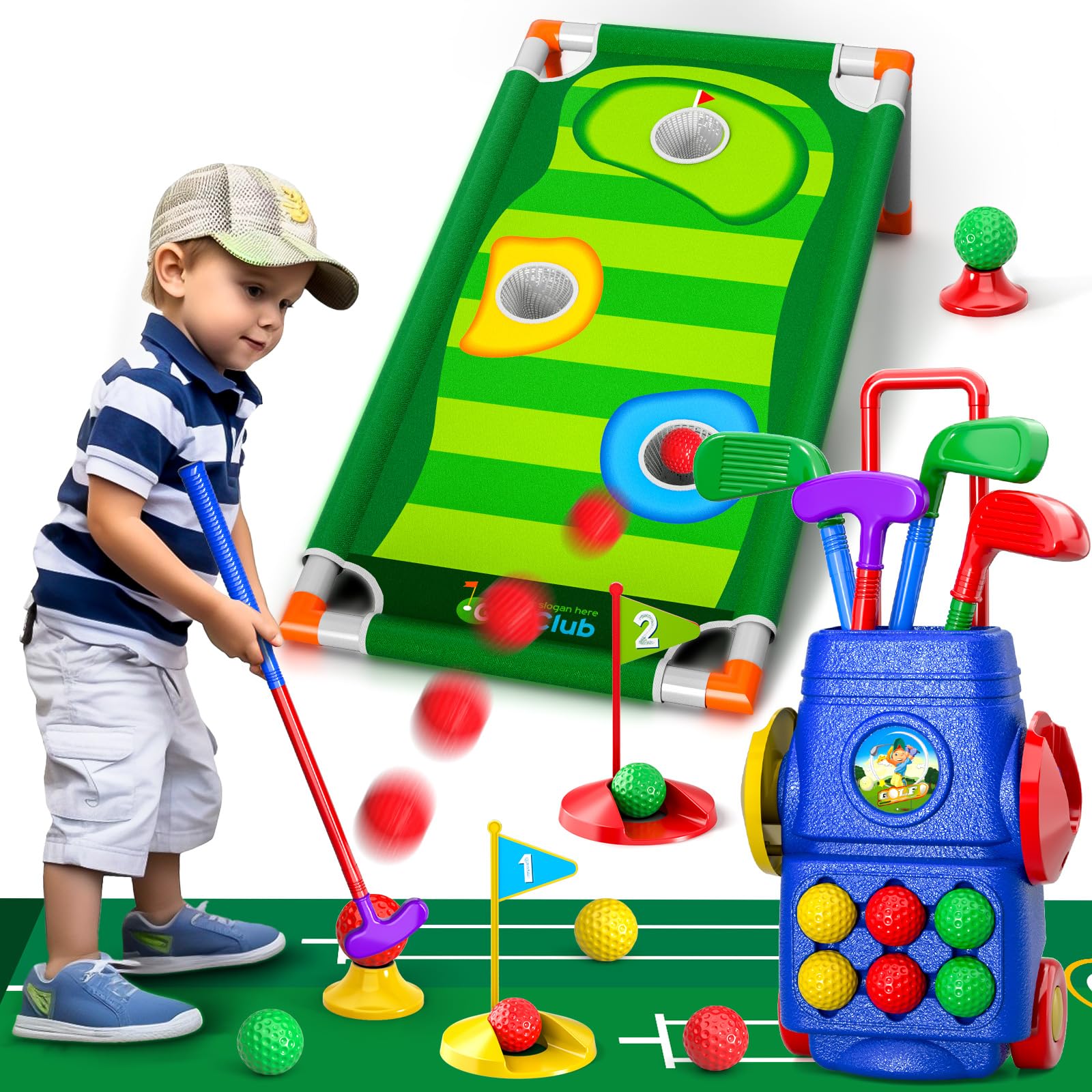 Doloowee Kids Golf Clubs, Toddler Golf Set with 6 Balls, 4 golf clubs, 1 Cornhole Board & Putting Mat, Kids Golf Set Mini Golf Set Toddler Toys Gift for 3 4 5 6 7 8 9Years Old Boys Girls