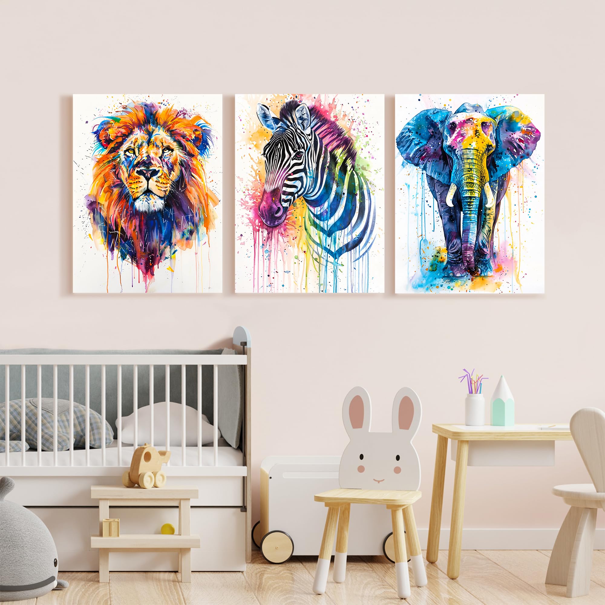 Photo 1 of Framed Canvas Colorful Safari Animal Wall Decor Prints Triptych Wall Art Lion Elephant Zebra Minimalist Decor for Children’s Room Nursery (Wrapped Canvas, 16" x 24", Elephant, Zebra, Lion)