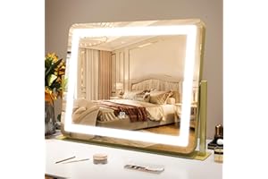 ROLOVE Gold Vanity Mirror Makeup Mirror with Lights, Large Lighted Vanity Mirror, Light Up Mirror with Smart Touch 3 Colors Dimmable, Tabletop Mirror for Makeup Desk, 360° Rotation, 22"x19"