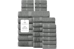 Villa Celestia 100% Cotton Bath Towel Set of 24-6 Bath Towels, 6 Hand Towels, 12 Wash Cloths, Sustainable, Soft, Highly Absorbent, Combed Cotton 24 Piece Set for Hotels, Spa, Bathroom, Dorm, Grey