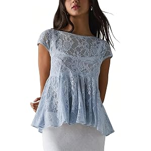 Megfie Women's Sexy Sheer Lace Short Sleeve Babydoll Top Sheer Mesh Top See Through Going Out Shirts Blouse