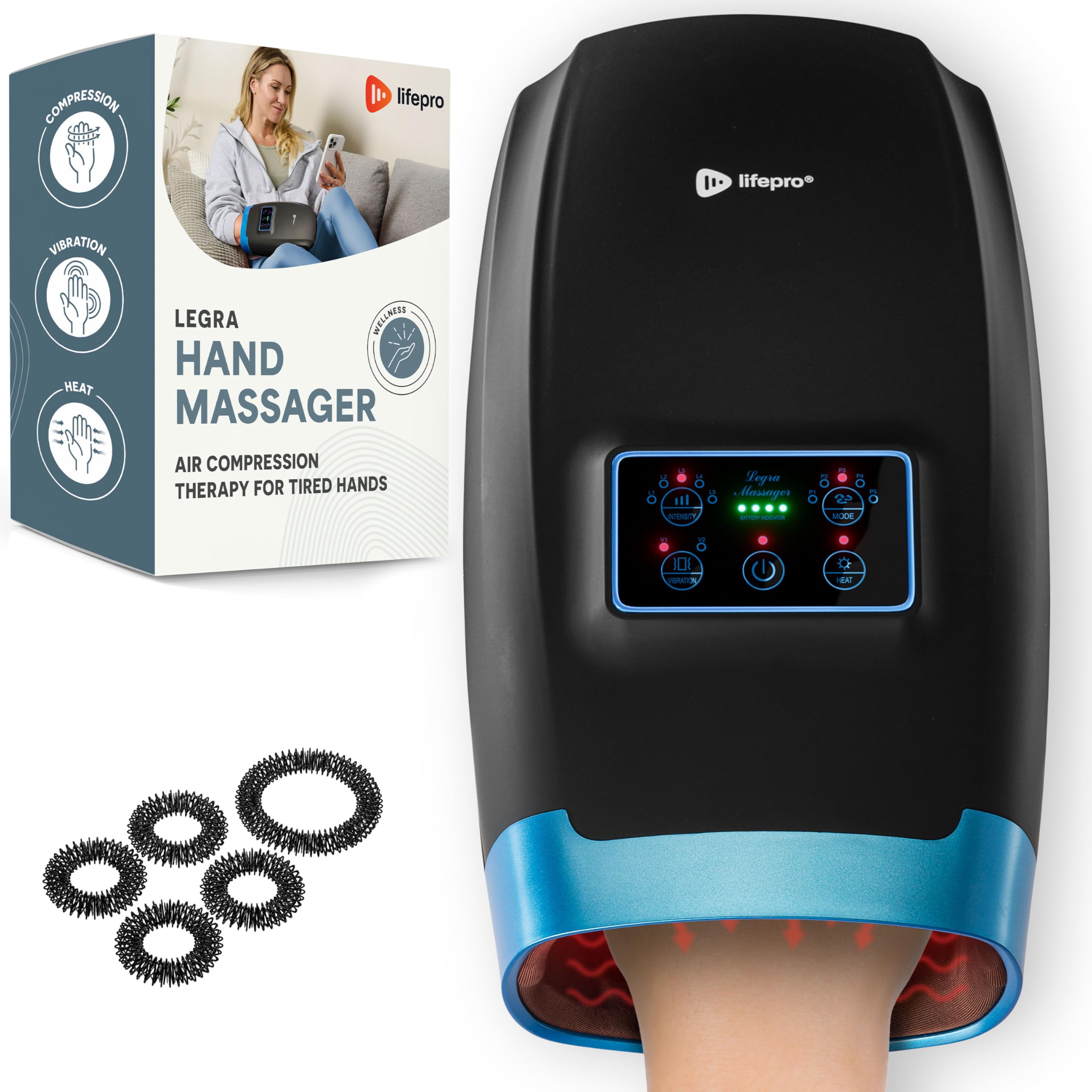 Photo 1 of LifePro Legra Hand Massager with Heat and Compression - Finger, Wrist, and Palm Massager with 5 Modes - Pressure Point Therapy for Sensitive Hands, Relaxation, and Comfort