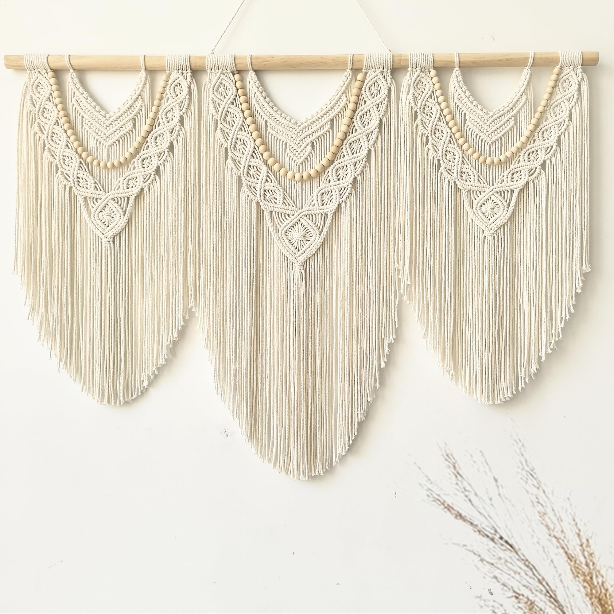 Photo 1 of large macrame wall hanging - Boho Tapestry Macrame Wall Decor Art- Chic Bohemian Handmade Woven Tapestry Home Decoration for Bedroom Living Room Apartment Wedding Party - 43"x32" (Beige-Wood Bead)