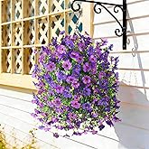 Artificial Flowers Hanging Baskets, 4 Bundles Outdoor Hanging Basket Spring Summer Decoration, No Fade Realistic Fake Flowers Plants for Porch Patio Balcony Home Yard Decor(Double Purple)