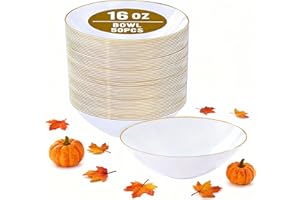 I00000 16 Oz 50 Count White Disposable Serving Bowls Soup Bowls with Gold Rim Plastic Bowls Disposable Premium Heavyweight Elegant Plastic Salad Bowl for Thanksgiving, Parties