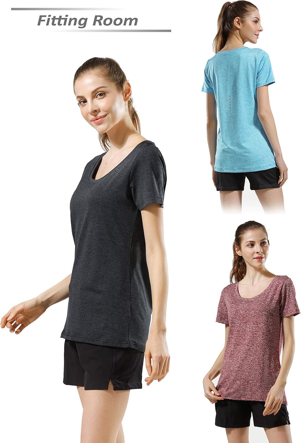Set of 5 Women's Heathered Active Scoop Neck T Shirts, Short Sleeve Workout Tops for Gym and Yoga: Clothing