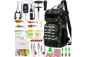 THKFISH 85Pcs Fishing Tool Kit, Fishing Backpack with Tackle Boxes Included, Fishing Pliers Kit Fishing Bait Lure Gear Includ