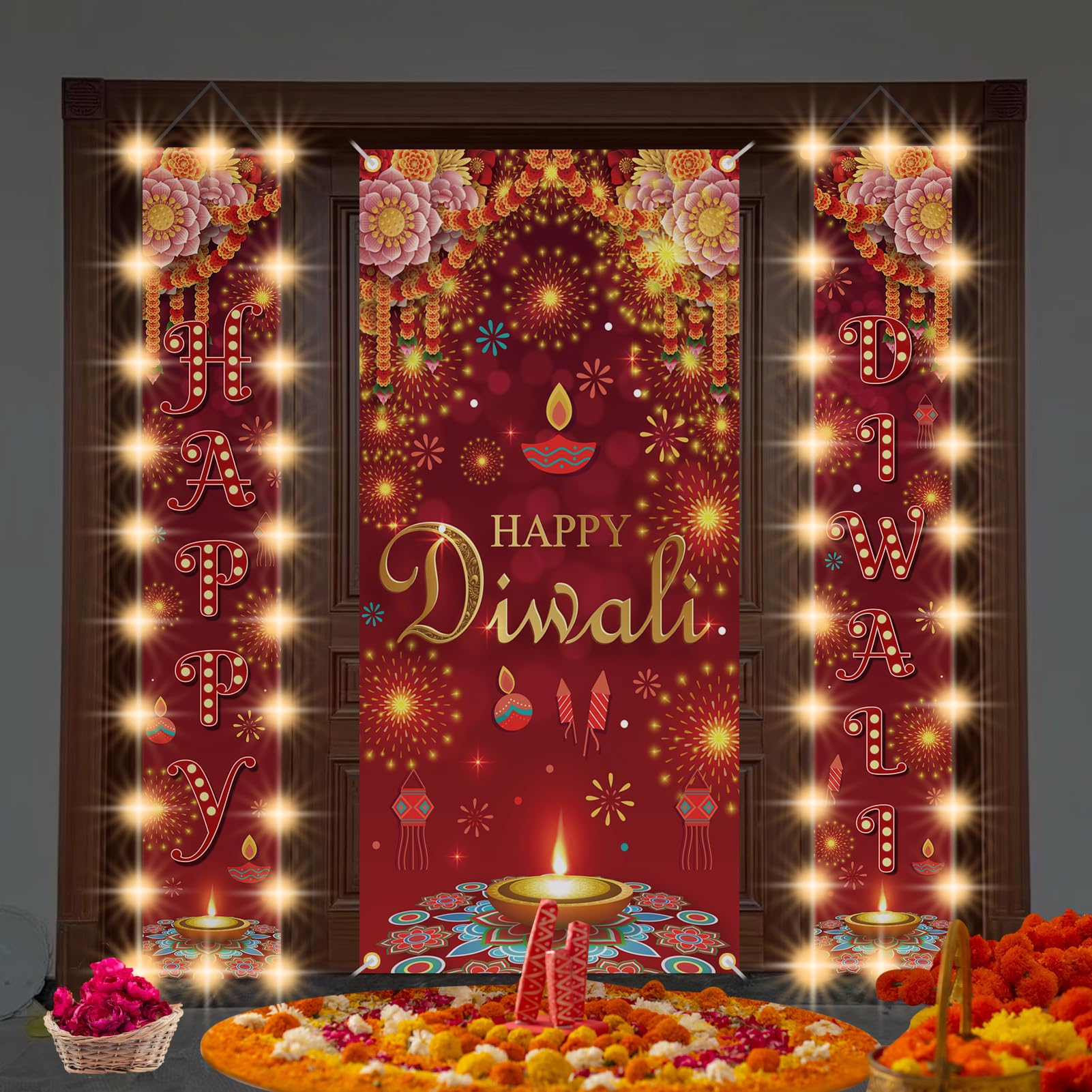 Photo 1 of 3 Pcs Diwali Door Hanging Banner Lighted Decorations with LED Light Deepawali Festival of Lights Porch Door Backdrop Hanging Decorations for Indian Light Festival Party Supplies