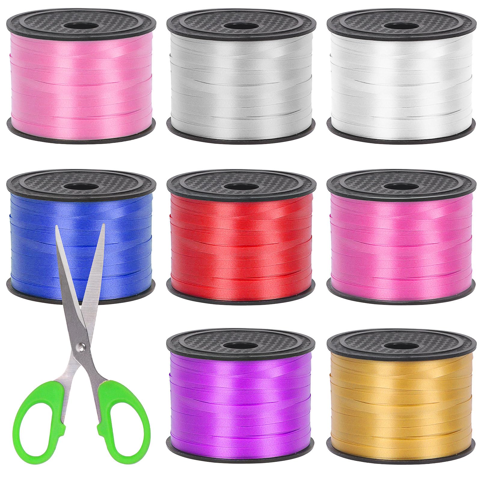 Swpeet 9Pcs 1/5" Wide x 100 Yards Curling Ribbon with Scissors Kit, 8 Colors Crimped Solid Plastic Ribbon for Gift Wrapping, Party, DIY, Festive Occasions