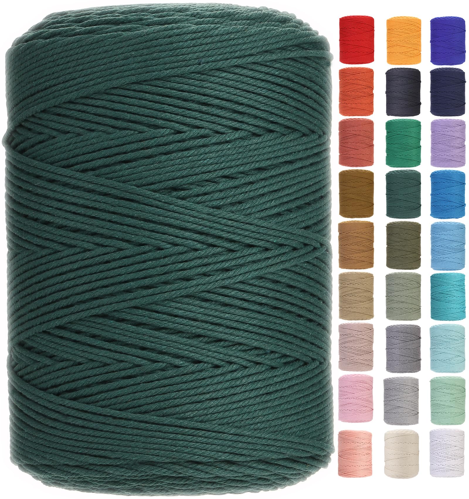 GOHOF 3mm x 450m Premium Cotton Macrame Rope, 4 Strand Twisted Soft Cotton Cord for Macrame Art, Deep Green — image 1