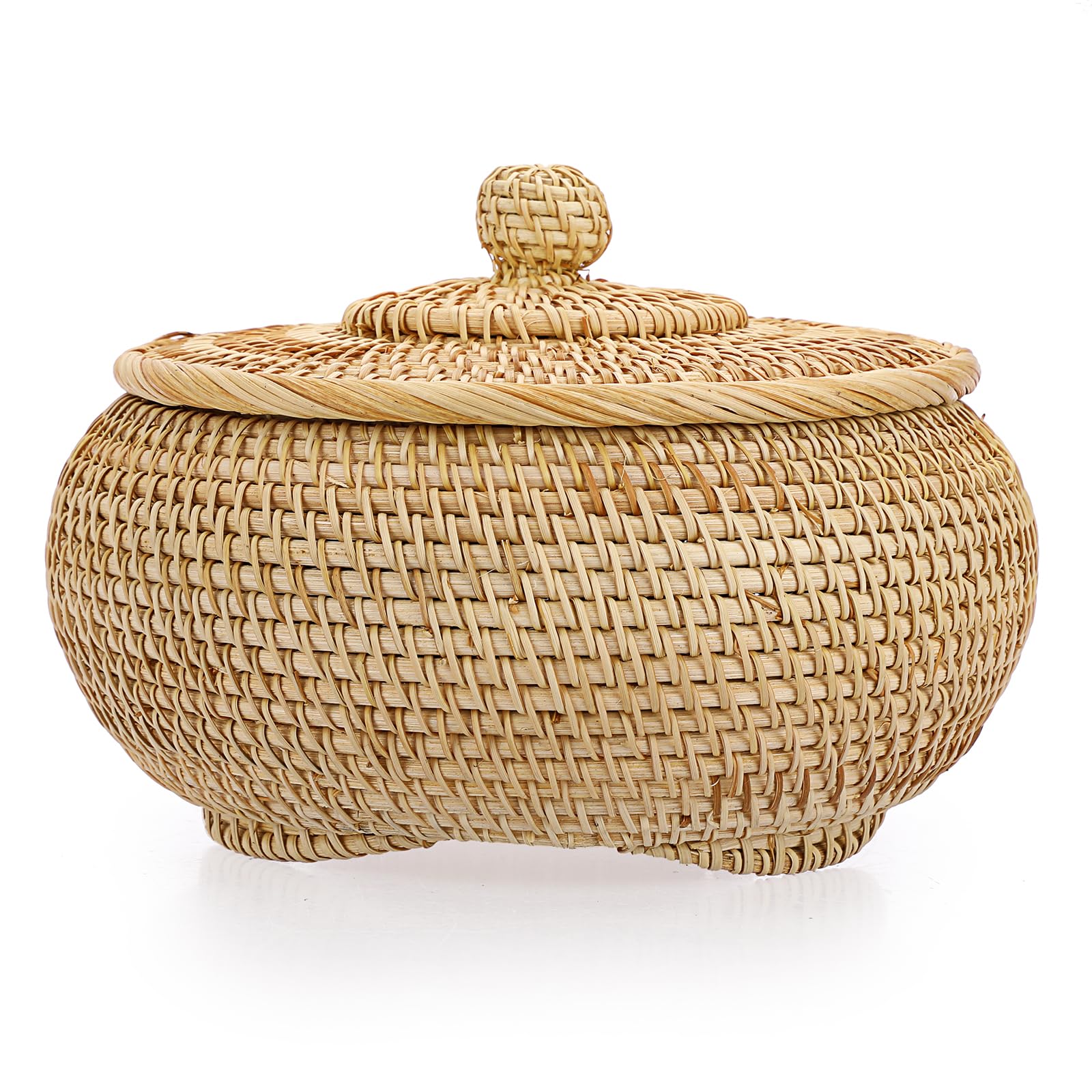 IGNPION Rattan Storage Basket with lid Multi-Purpose Decorative Storage Baskets for Shelf &Desktop Woven Picnic Fruit Bread Basket Egg Holder Bowl(Small)