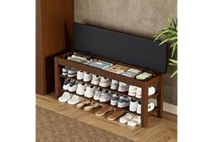 Homleke Shoe Rack Bench with Flip-Top Storage, Solid Wood Entryway Bench with Cushion, Adjustable Shelf, for Hallway, Mudroom, Closet – Walnut, 39.4"