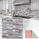 StyloVue 20 Sheets Peel and Stick Backsplash, Distressed Wood with Metal Silver Self Adhesive Wall Tiles Upgrade Your Kitchen