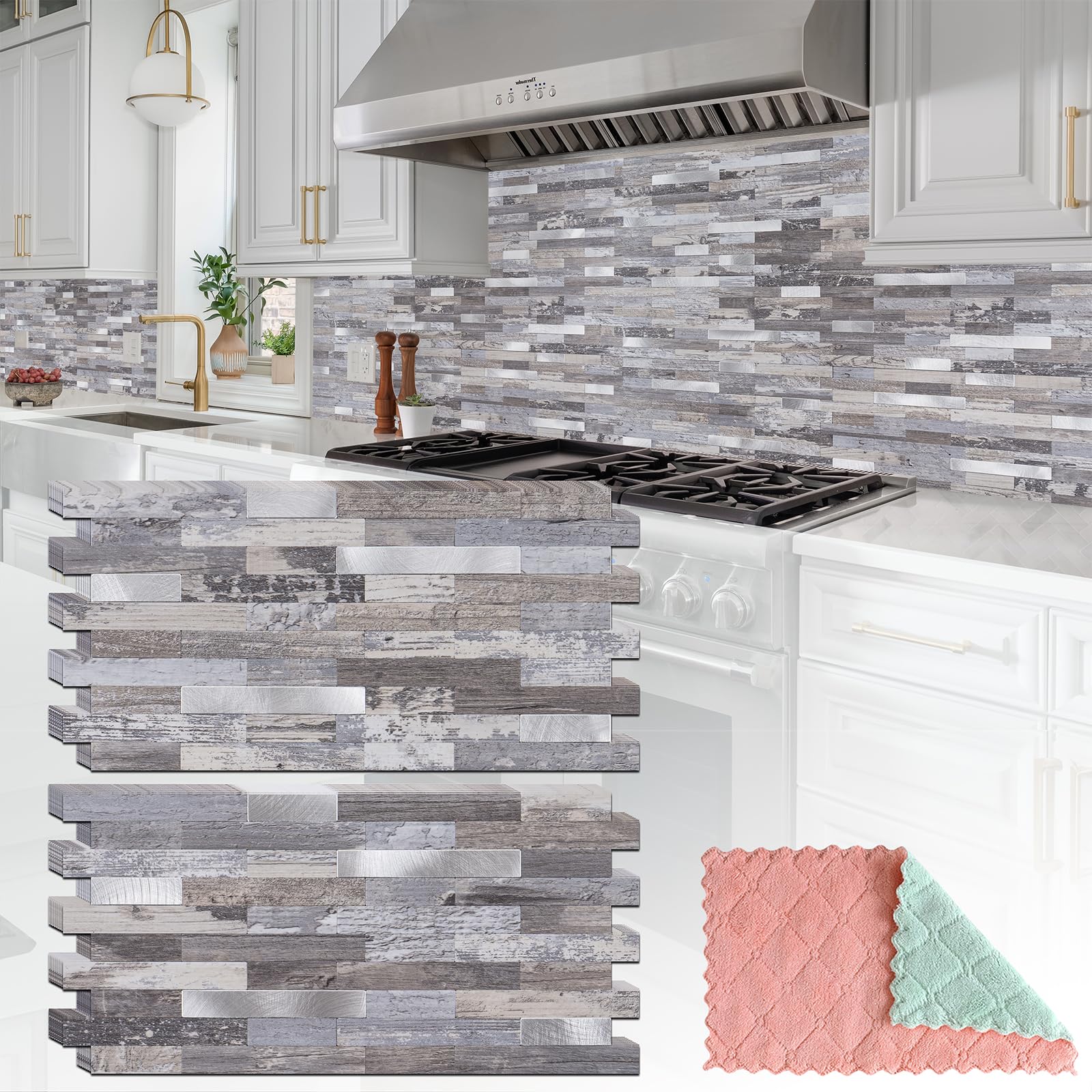 StyloVue 20 Sheets Peel and Stick Backsplash, Distressed Wood with Metal Silver Self Adhesive Wall Tiles Upgrade Your Kitchen Backsplash, RV, Fireplace Image