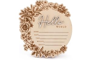 CUNCUN Baby Name Announcement Sign – Floral Wooden Hello World Plaque for Newborn Photo Prop