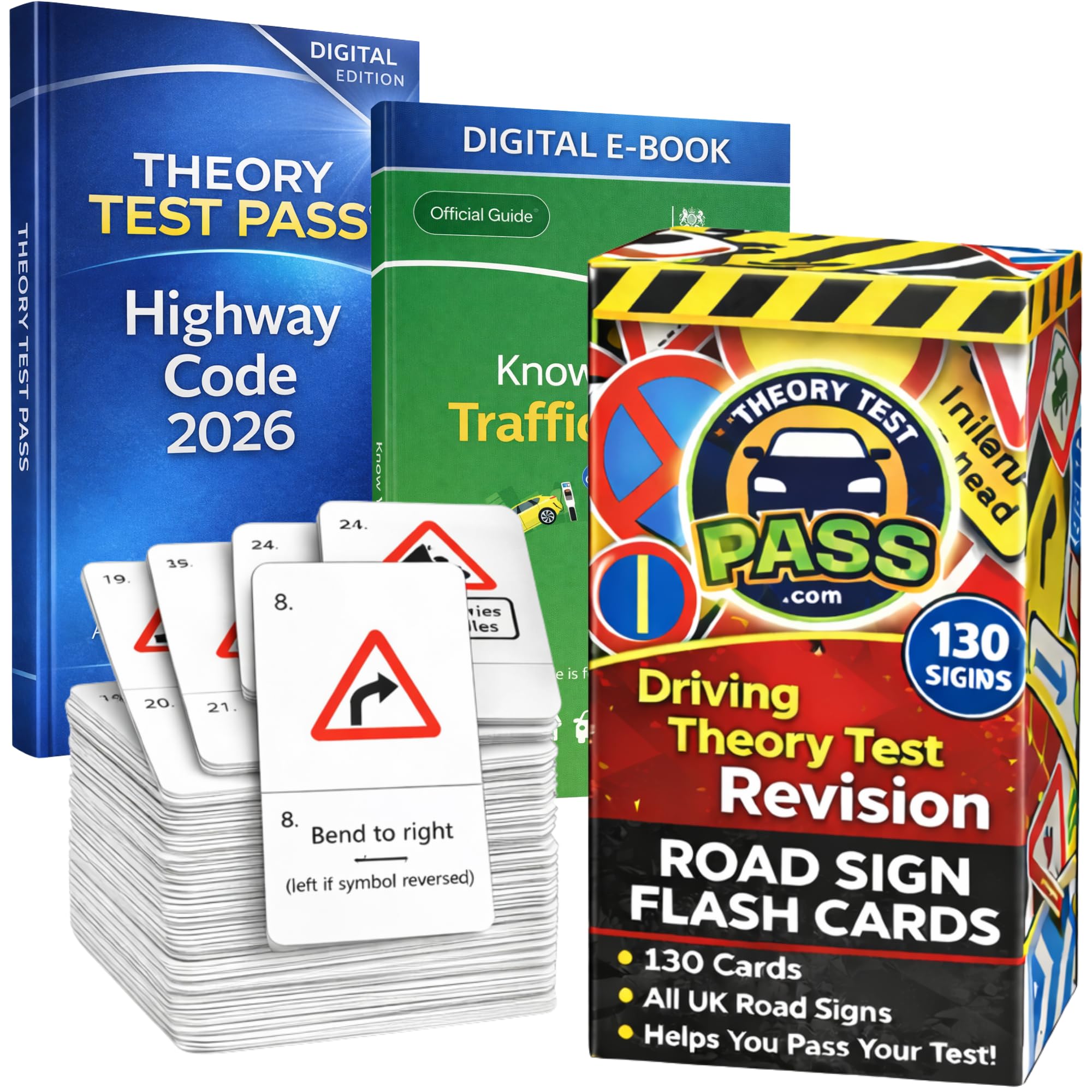 Theory Test Pass Road Signs Flash Cards 2025 UK– Practical and Easy To Use Double-Sided Driving Theory Test Flash Cards 2025 with Signs and Explanation – Includes Highway Code E-Book