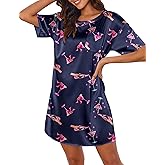 Ekouaer Silk Sleep Shirts for Women Satin Nightshirt Tshirt Nightgown Sleepwear Shirt Dress With Chest Pocket S-2XL
