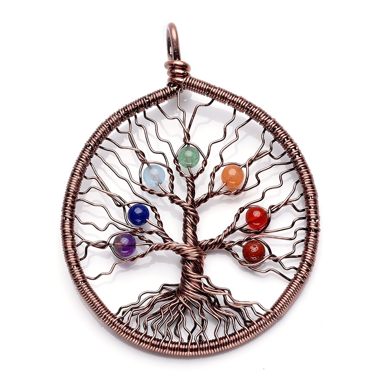 JOVIVI 7 Pierres Chakra Pendentif Collier Retro DIY Arbre de la Vie avec Fils Cuivre Forme Rond Perles d\'Energie Precieuse avec Chaîne