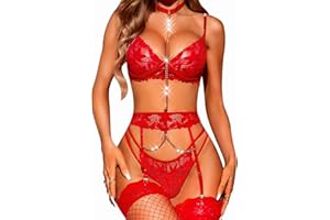 RSLOVE Women's Lingerie Set with Garter Belt 3 Piece Choker Lingerie Outfits Sexy Bra and Panty Set