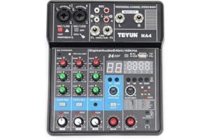 TEYUN 4 Channel Mixing Console Audio Mixer Bluetooth USB MP3 Live Studio Mixer with Sound Card and Built-in 48V Phantom Power Stereo DJ Studio Streaming