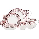 Tudor Royal 24-Piece Round Dinnerware Set, Service for 6, Aster Pink Design, Red Floral, Plates Bowls Mugs Dishes, High Gloss Premium Quality