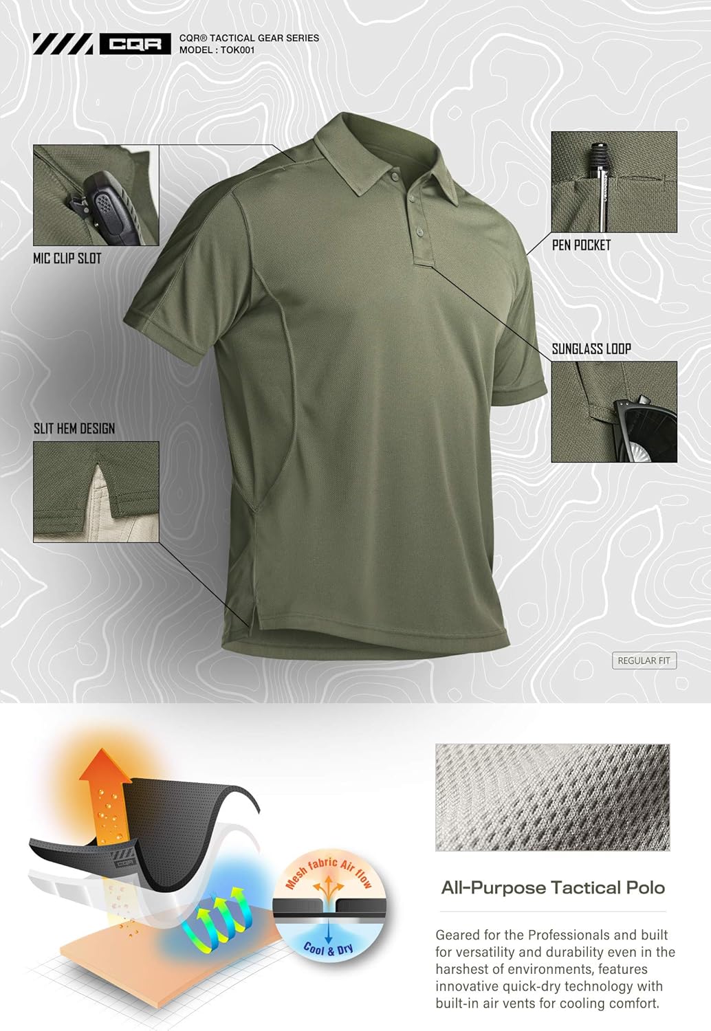 CQR Men's Short Sleeve Tactical Work Shirts, Dry Fit Lightweight Polo Shirts, Outdoor Performance UPF 50+ Collared Shirt: Clothing
