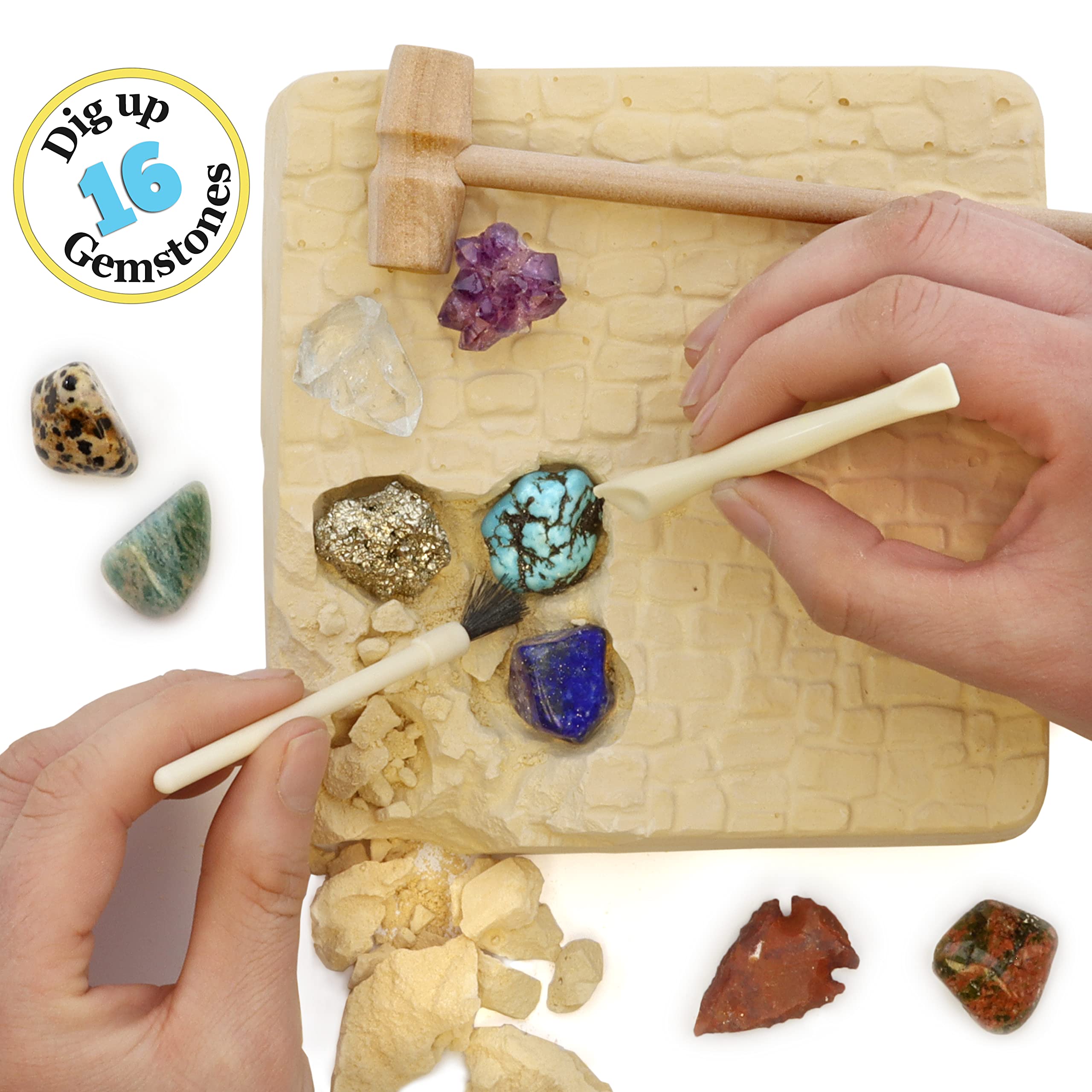 DANCING BEAR Gem stone Dig Kit, Excavate 16 Real Gems & Crystals including Arrowheads, Quartz Point and Amethyst, STEM Education for Kids, Fun Rock Mining Science Activity Gift Sets for Girls and Boys