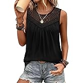 XIEERDUO Womens Tank Tops Sleeveless Lace Crochet Boho Tops Loose Fit Pleated Tunics Crewneck Summer Vacation Outfits Flowy