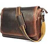 16" Crossbody Bag Leather Laptop Messenger Bag For Men with trolley sleeve for school office (Walnut)