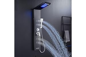 TSIBOMU Stainless Steel Shower Panel Tower System with LED Lights, 5 in 1 Shower Panel with Rainfall Waterfall Shower Head, Body Spray, Handheld Shower, Tub Spout (Black)
